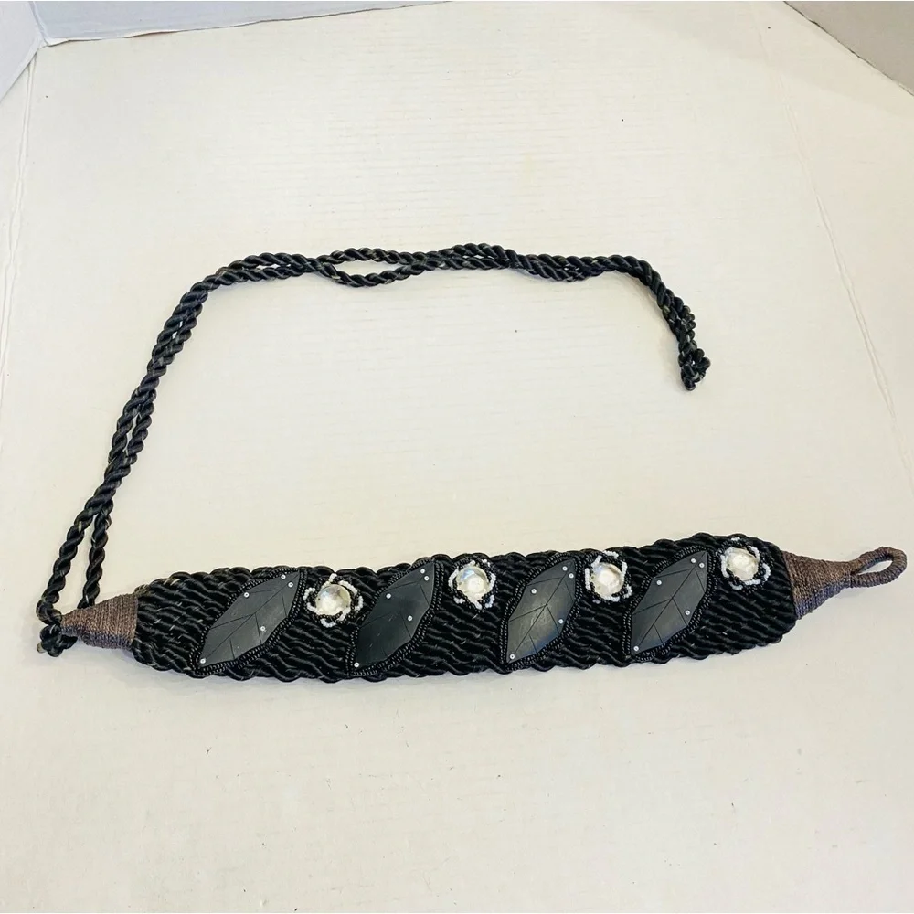 Vintage 80s Artsy Wood Beaded and Carved Shell Cummerbund Rope Belt Retro Boho